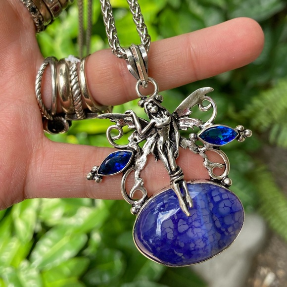 925 sterling silver overlay fairy charm blue Sapphires & agate gems necklace - Picture 2 of 14